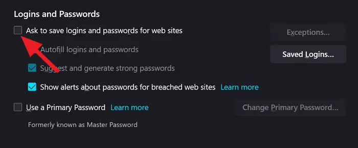 Turn off offer to save passwords on Firefox