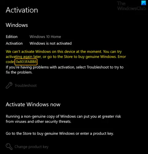 Windows Activation error 0x803FABB8