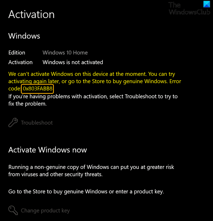 Windows Activation error 0x803FABB8 Windows Activation error 0x803FABB8