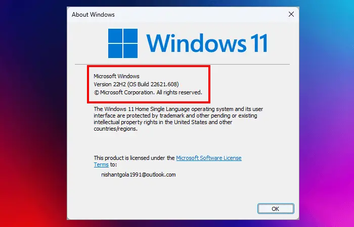 Windows version and build number