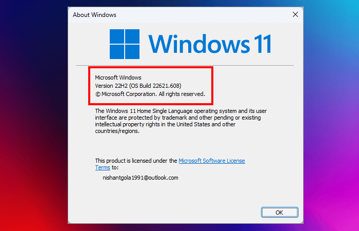 Windows version and build number