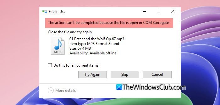 The action cannot be completed because the file is open in COM Surrogate