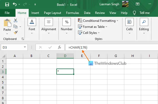 add degree symbol using microsoft excel