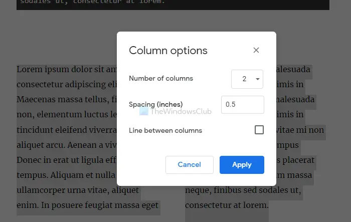 How to create or add columns in Google Docs