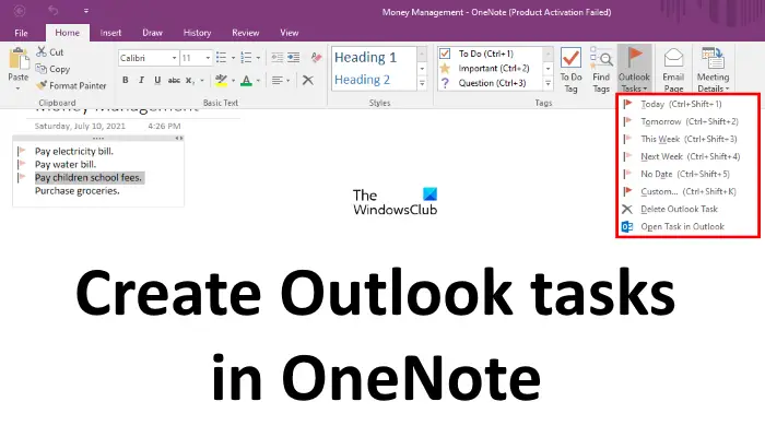 create outlook tasks in OneNote