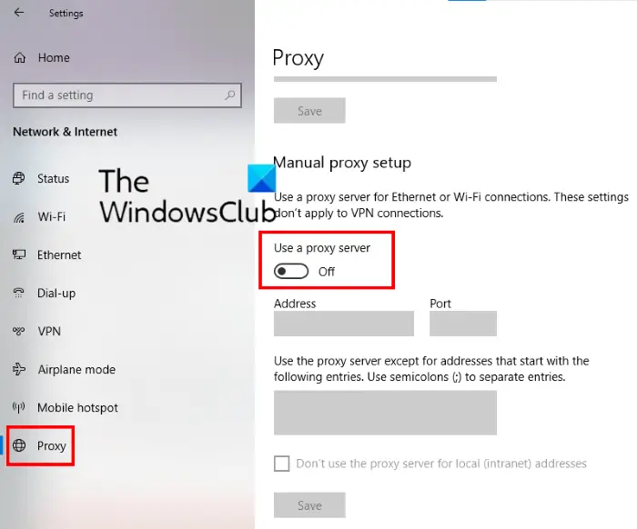 disable proxy server Windows 10