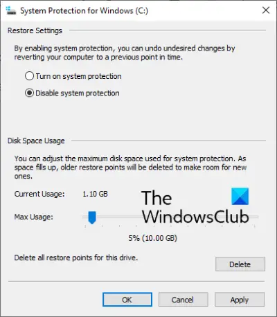 disable system restore windows 10