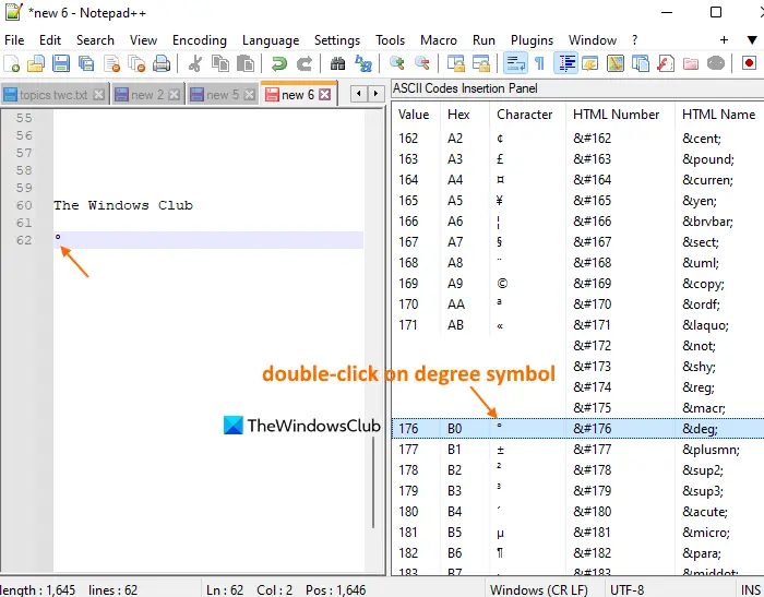 insert degree symbol using notepad++