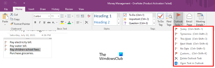 make outlook tasks in onenote