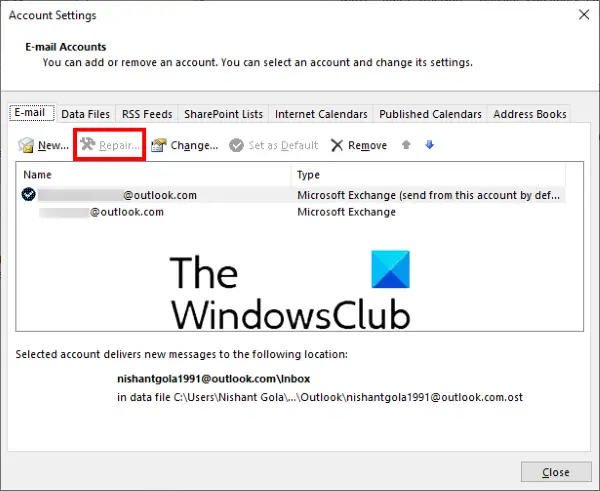 repair Microsoft exchange email account