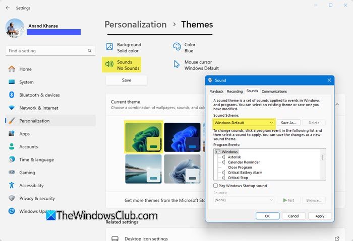 reset windows theme and sound to default
