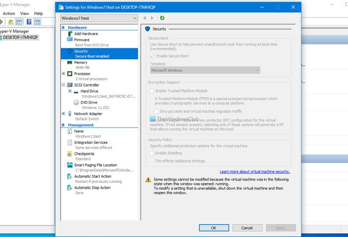 Security settings are Grayed out in Hyper-V