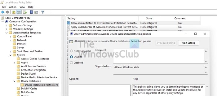 Allow Adminstrators Override Device Installation Restriction Policies