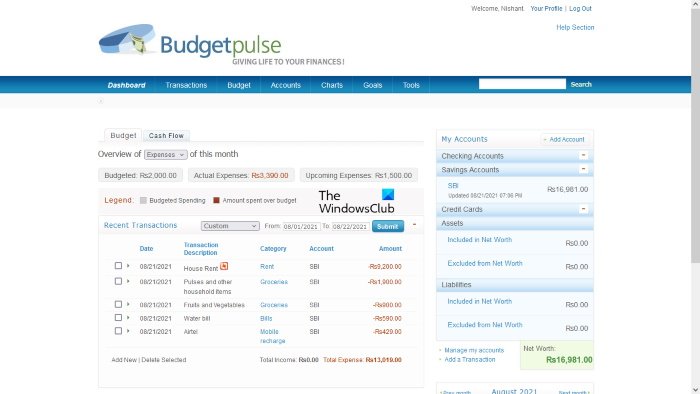 Budgetpulse online money manager tool