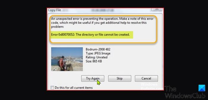 Error 0x80070052, The directory or file cannot be created