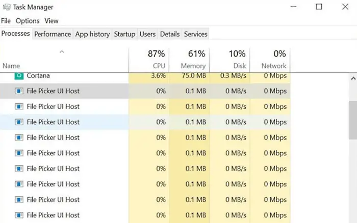 File Picker UI Host PickerHost.exe is not responding.