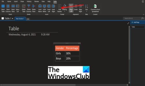 How to hide the Borders of Tables in OneNote