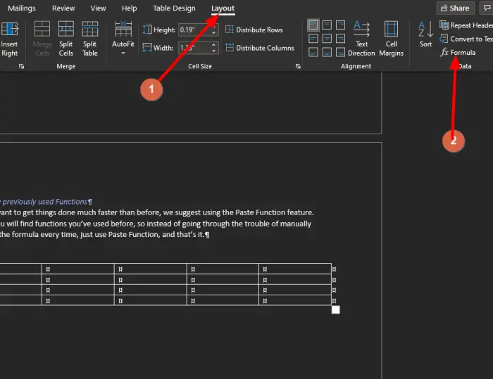 How to insert Formula in Word Table