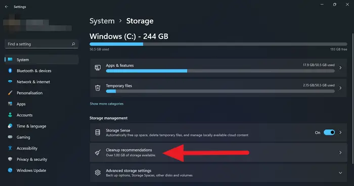 Cleanup Recommendations on Windows 11