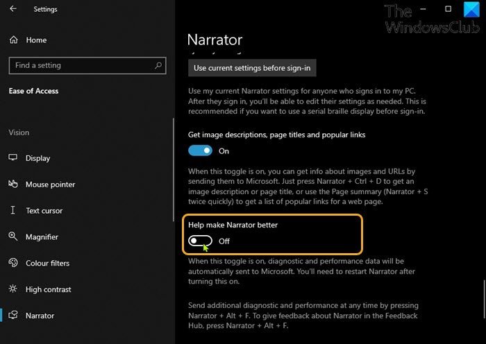 Turn On or Off Diagnostic Data about Narrator usage in Windows 10