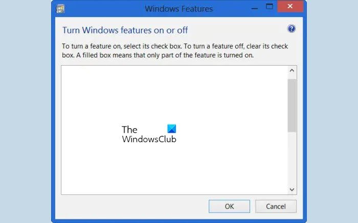 Turn Windows Features on or off not working, blank or empty