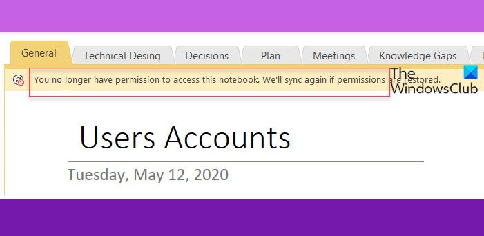 You no longer have permission to access this notebook OneNote Error