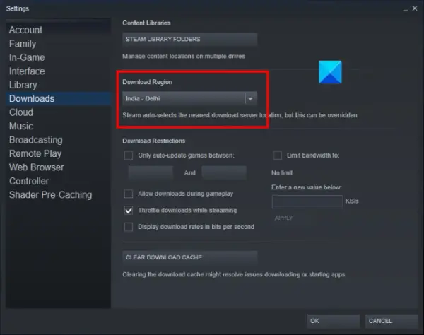 change download region in Steam