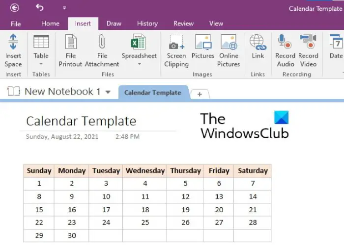 create calendar template in OneNote