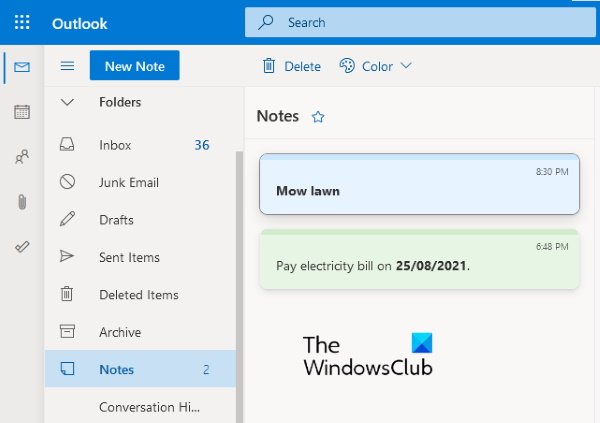 create edit delete notes outlook web