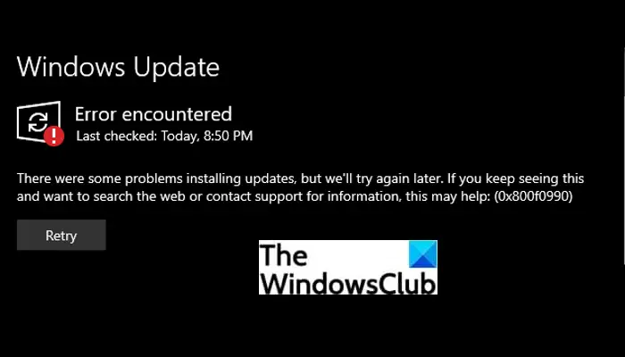 Исправить ошибку Центра обновления Windows 0x800f0990