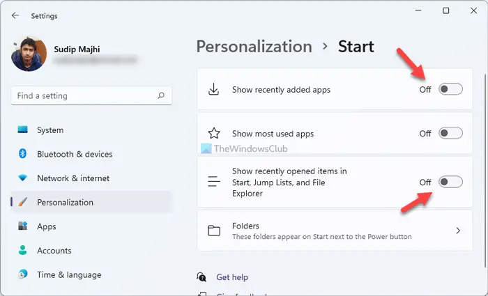 How to show or hide Recommended list in Start Menu on Windows 11
