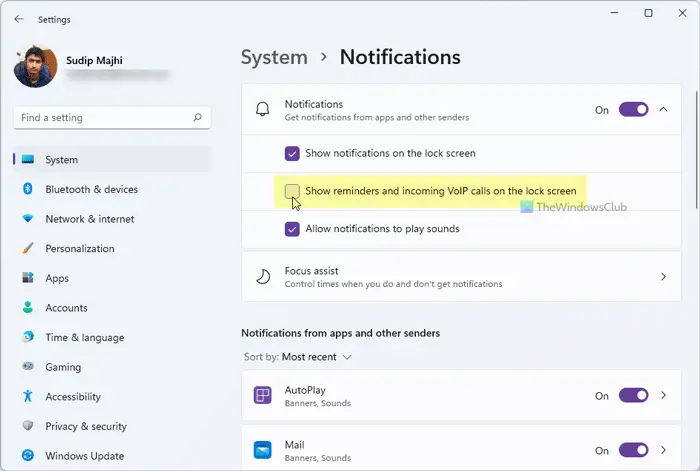 How to hide reminders and VoIP calls notifications on lock screen on Windows 11/10