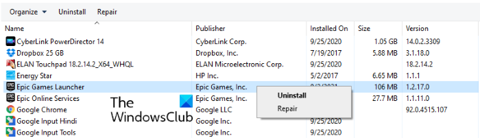 repair Epic games Launcher