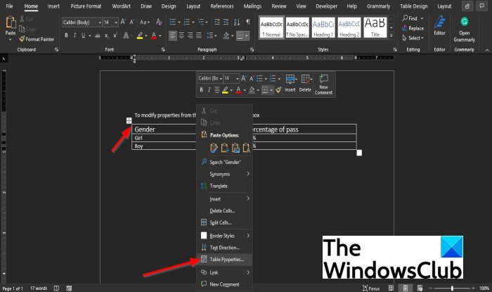 How to display and modify Table Properties in Word
