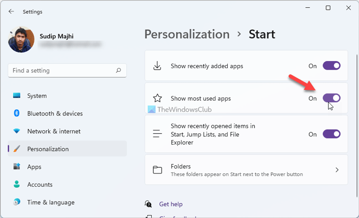 How to show or hide Most Used apps in Start Menu on Windows 11