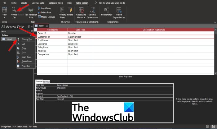 How to add or remove Primary Key in Table in Access