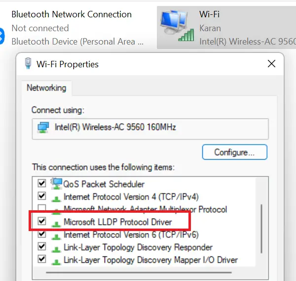 Активируйте драйвер протокола Microsoft LLDP.