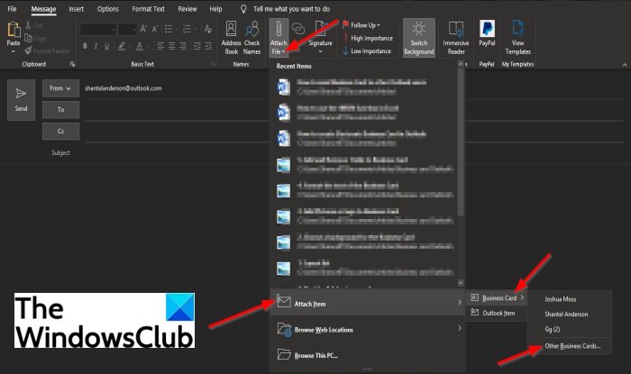 How to send Business Card to other Outlook users