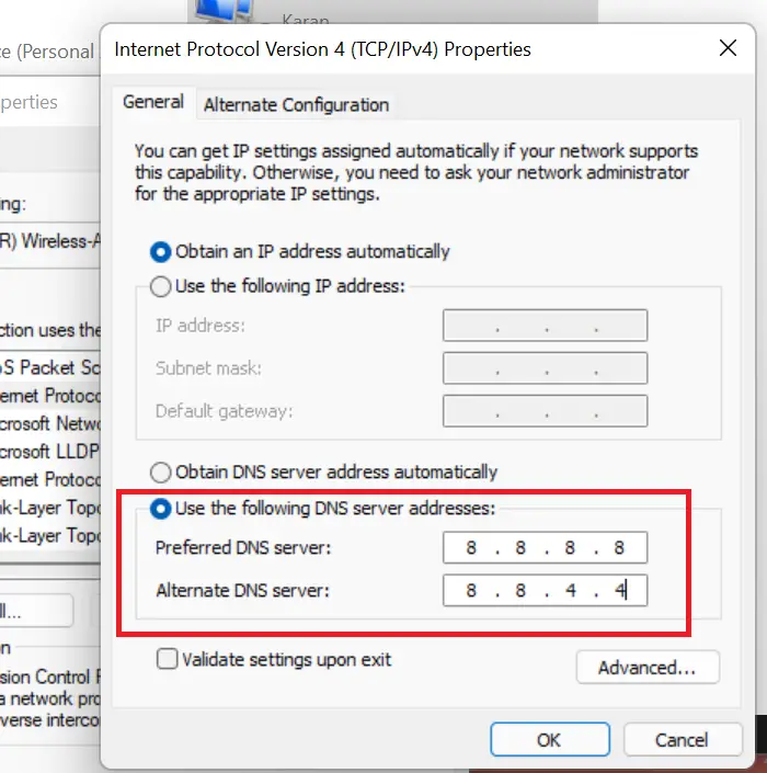 Change to public Google DNS servers