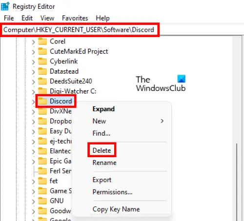 Delete Discord key from Registry