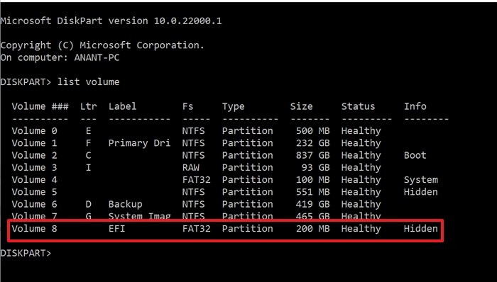 Diskpart display EFI volume