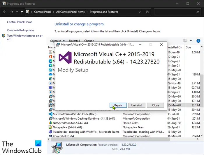 Repair Microsoft Visual C++ Redistributables