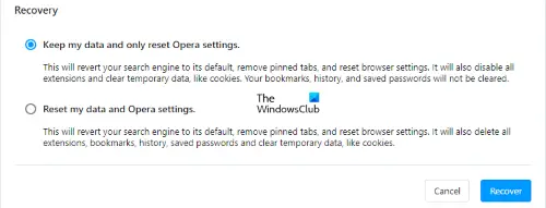 Reset Opera browser
