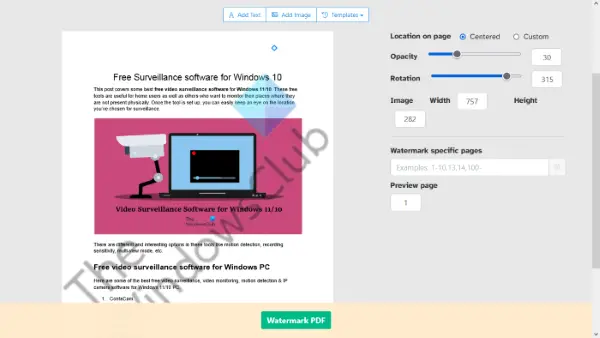 Sejda online PDF watermark tool
