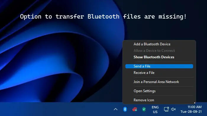 Send a File and Receive a File options missing in Bluetooth