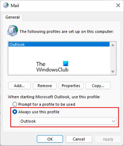 Set Outlook profile as default