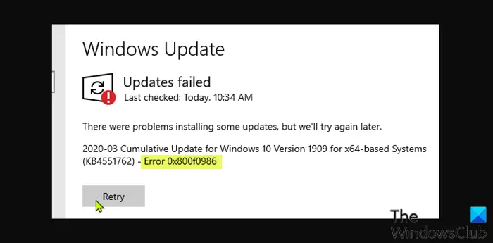 Windows update error 0x800f0986