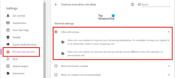 allow all cookies in Brave