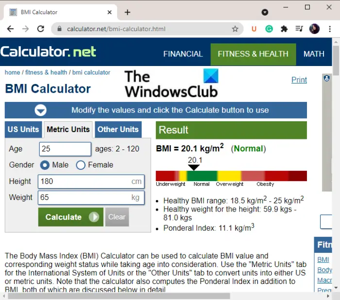 Calculate Body Mass Index (BMI) using free BMI Calculators for Windows 11/10 