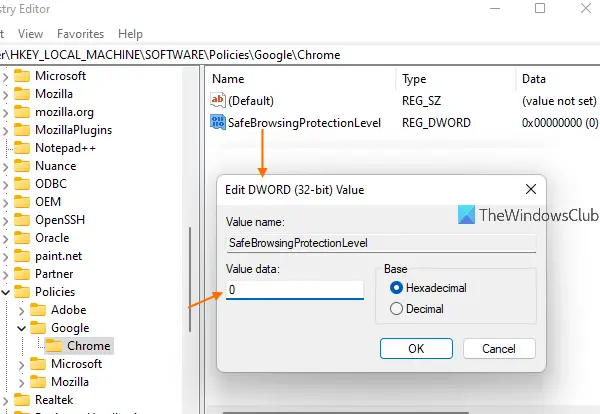 Disable Safe Browsing in Google Chrome using REGEDIT in Windows 11